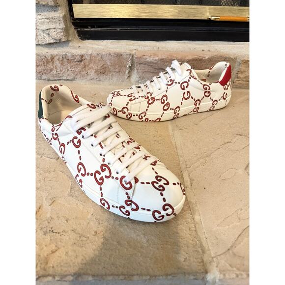 Gucci Ace GG Tennis Print Leather Sneakers White Red Green 8.5 Designer Luxe